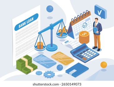Financial concept showing bank loan document, credit cards, money, scales, calculator and businessman on white background. Business finance concept. Vector illustration