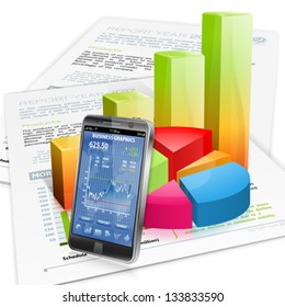 Financial Concept with Smartphone, Business Report and Graphs, vector isolated on white background