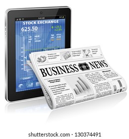 Financial Concept with Tablet PC and Business Newspaper, vector isolated on white background