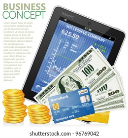 Financial Concept with Tablet PC (Stock Market Application), Dollar Bills, Credit Cards and Coins, vector