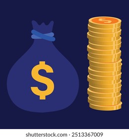 Financial concept vector banner design illustration. Money bag and a stack of cold dollar sign coins on a blue square background. 