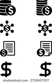 Financial Concepts Black Icon Set - Riqueza, Transações, Documentos e Fluxo de Dinheiro