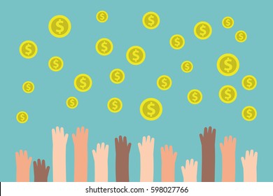 Financial conceptual illustration. Raised hands trying to catch falling coins / flat editable vector illustration, clip art