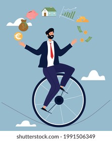 Financial Consultant advisor abstract metaphor. Investment expertise concept. Smart entrepreneur manages various financial assets. Bearded man rides unicycle and juggles. Cartoon vector illustration