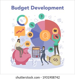 Financial consultant. Budget development. Idea of financial planning and well-being. Currency balance and income. Money savings. Isolated flat illustration vector