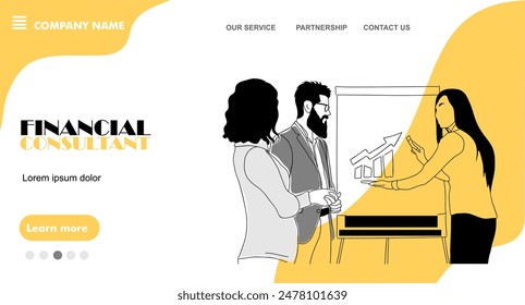 Financial consultant business concept landing page. Website template with business woman doing presentation for customer couple. Flat graphic outline vector illustration in black and yellow colors.