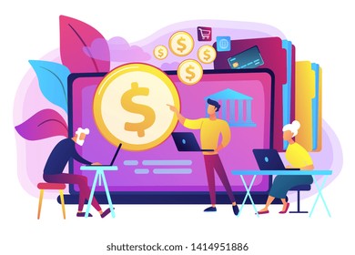 Financial consultant calculating pensioners fund. Financial literacy of retirees, retirement planning courses, retirement income control concept. Bright vibrant violet vector isolated illustration