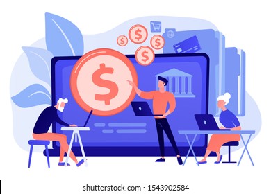 Financial consultant calculating pensioners fund. Financial literacy of retirees, retirement planning courses, retirement income control concept. Pink coral blue vector isolated illustration