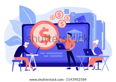 Financial consultant calculating pensioners fund. Financial literacy of retirees, retirement planning courses, retirement income control concept. Pink coral blue vector isolated illustration
