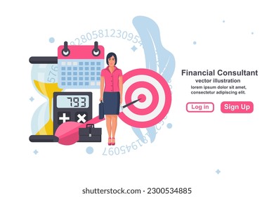 Financial consultant concept. Consultant businesswoman. Landing page accounting organization process. Vector illustration flat design. Isolated on white background. Market analysis expert.