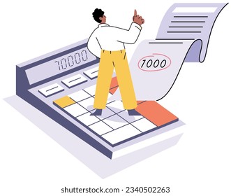 Finanzberater mit Dokument für die Steuerberechnung. Mann, der Finanzsteuerbericht über die Gewinne und Einnahmen von Unternehmen erstellt. Buchhalter analysieren Personal- oder Firmenbudget. Bilanzierungskonzept