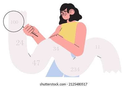 Financial consultant with documents for tax calculation. Woman preparing financial tax report. Accountant analyzing personal or corporate budget. Accounting process concept. Vector illustration.