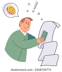 Consultor financiero con documentos para el cálculo de impuestos. Hombre preparando informe de impuestos financieros. Contable analizando presupuesto personal o corporativo. Proceso de contabilidad. Distribución de ingresos y gastos