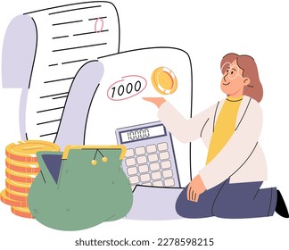 Consultor financiero con documentos para el cálculo de impuestos. Preparación de un informe de impuestos financieros. Contable analizando presupuesto personal o corporativo. Proceso de contabilidad. Distribución de ingresos y gastos