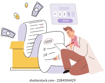 Financial consultant with documents for tax calculation. Preparing financial tax report. Accountant analyzing personal or corporate budget. Accounting process. Distribution of income and expenses