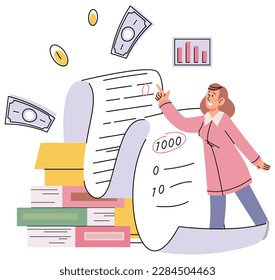 Financial consultant with documents for tax calculation. Woman preparing financial report. Accountant analyzing personal or corporate budget. Accounting process concept. Bookkeeper reconciles accounts