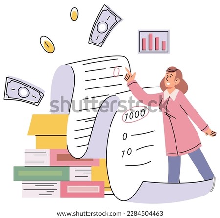 Financial consultant with documents for tax calculation. Woman preparing financial report. Accountant analyzing personal or corporate budget. Accounting process concept. Bookkeeper reconciles accounts