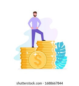 Consultor financiero o inversionista está en una pila de monedas. Exitoso empresario o empresario moderno. Servicios Asesoramiento financiero y ahorro. Ilustración de estilo plano. Vector