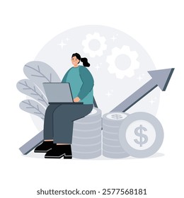 A financial consultant, leaning casually against a pile of coins. This modern vector illustration captures the essence of a successful investor or of financial consulting, investing, and savings.