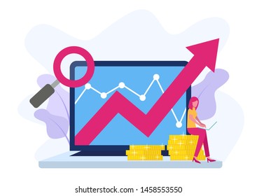 Financial consultant leaning on a stack of coins smiles friendly and waves with hand. Successful investor or entrepreneur. Financial consulting, investment and savings. Modern vector illustration.