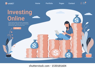 Financial consultant leaning on a stack of coins. Successful online  investor or entrepreneur. Financial consulting, investment and savings. Modern vector illustration.