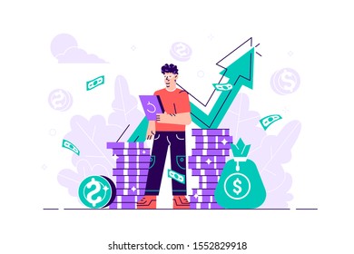 Financial consultant leaning on a stack of coins smiles friendly and waves with hand. Successful investor or entrepreneur. Financial consulting, investment and savings. Flat modern vector illustration