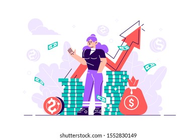 Financial consultant leaning on a stack of coins smiles friendly and waves with hand. Successful investor or entrepreneur. Financial consulting, investment and savings. Flat modern vector illustration