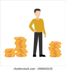 Financial consultant leaning on a stack of coins smiles friendly and waves with hand. Successful investor or entrepreneur. Financial consulting, investment and savings. Modern vector illustration.