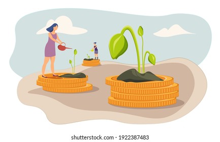 Financial consultant leaning on a stack of coins smiles friendly and waves with hand. Green tree growing from money coins.