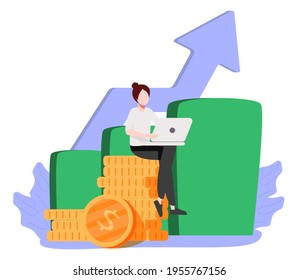 Financial consultant leaning on a stack of coins smiles friendly and waves with hand. Successful investor or entrepreneur. Financial consulting, investment and savings. Modern vector illustration.