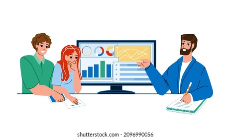 Financial Consultant Man Advising Clients Vector. Financial Consultant Businessman Advise Boy And Girl Couple In Office And Show Finance Graph On Computer Screen. Characters Flat Cartoon Illustration