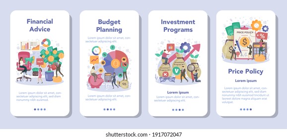 Financial consultant mobile application banner set. Business character analysing financial program for a company development. Isolated flat vector illustration