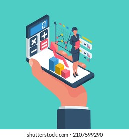 Financial consultant online. Consultant businessman. Landing page accounting organization process. Vector illustration flat design. Isolated on white background. Market analysis expert.