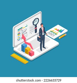 Financial consultant online. Consultant businessman. Landing page accounting organization process. Vector illustration flat design. Isolated on white background. Market analysis expert.