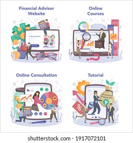 Financial consultant online service or platform set. Business character analysing financial program for a company development. Online course, consultation, tutorial, website. Flat vector illustration