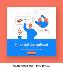 Financial consultant square banner template. Modern man selecting safe option for money usage while taking advice from professional financial consultant online. Flat style vector illustration