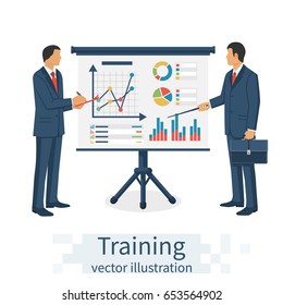 Financial consultant at the training. Businessman write analysis diagrams graphs and chart. Discussion data analysis. Strategy planning. Vector illustration flat design. Isolated on white background.