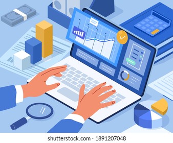 Financial Consultant typing on Laptop with Documents for Tax Calculation on Screen. Woman Preparing Financial Tax Report. Accountant  at Work. Accounting Concept. Flat Isometric Vector Illustration.