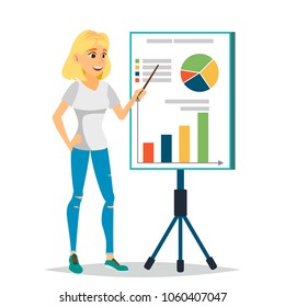 Financial Consultant Vector. Business Woman, Blackboard. Professional Support Research Graphs Market. Business Management. Financial Planning. Accounting Organization Process. Isolated Illustration
