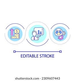 Financial consultant work loop concept icon. Analysing company finances. Business support abstract idea thin line illustration. Isolated outline drawing. Editable stroke. Arial font used