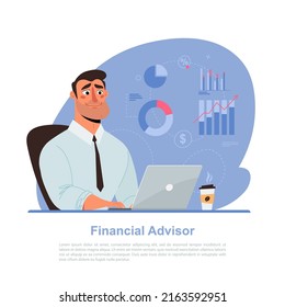 Financial consultant working on analytics on a laptop, cartoon vector illustration