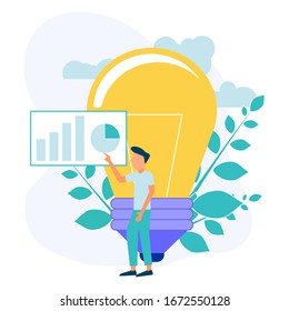 Los consultores financieros se inclinan sobre luces con gráficos. Un inversionista o empresario exitoso. Consultoría financiera, inversión y ahorro. Ilustración vectorial moderna.