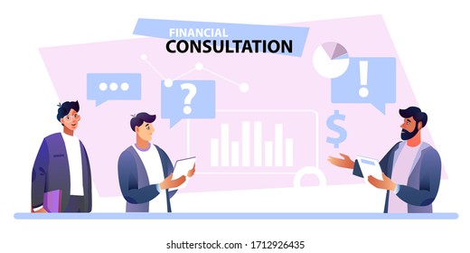 Financial consultation banner with confident advisor and male clients. Online business banner with abstract graphs, icons, marketing expert. Problem solving illustration for web pages, advertisements