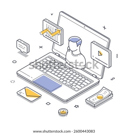 Financial consultation concept. A laptop with graphs and icons symbolizes digital financial analysis and modern financial tools and services. Vector illustration