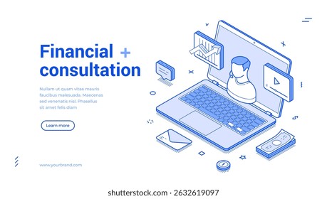 Consultoria financeira on-line conselheiro remotamente reunião de negócios web banner isométrica vetor ilustração. Especialista em análise de contabilidade financeira ajuda no planejamento de investimento de renda analisando consultoria