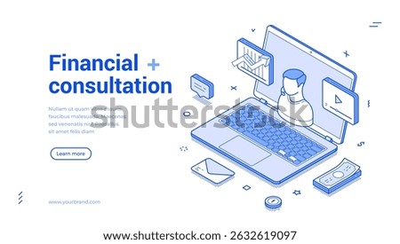 Financial consultation online adviser remotely business meeting web banner isometric vector illustration. Finance accounting analytics expert help income investment planning analyzing consulting
