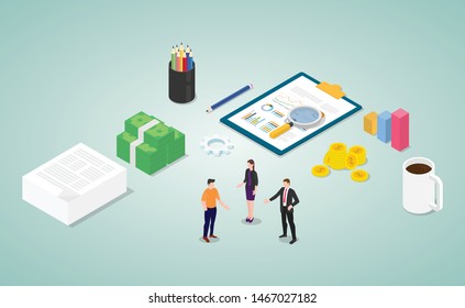 financial consultation report analysis with team people and document with modern flat isometric style - vector