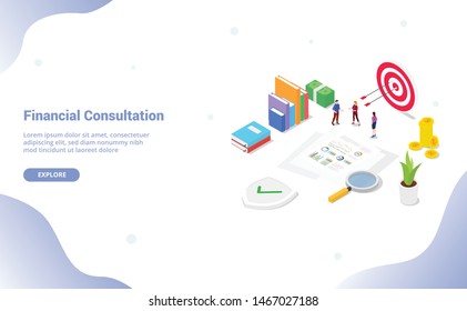 financial consultation report analysis with team people and document with modern flat isometric style for website template or landing homepage - vector