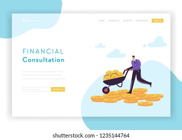 Financial Consultation Strategy Landing Page Template. Flat Businessman Character Saving Money with Cart Banner for Website or Web Page. Profit, Career, Salary. Vector illustration