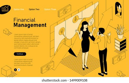 Financial consultations mobile app isometric website template. Black and yellow flat design vector concept for web site and application design and presentation. Home page concept. UI design mockup.